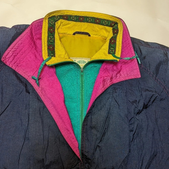 Vintage 80s Nuage Multicolour Navy Yellow Pink Wind Breaker Jacket Size 44 3XL - Picture 10 of 16